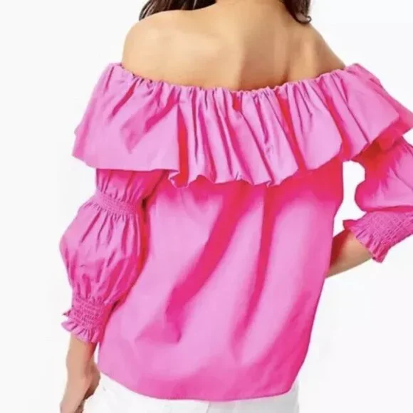 Lilly Pulitzer Beatrix off the shoulder top Plumeria pink sz. MED. $118 tag NWT - Picture 3 of 8
